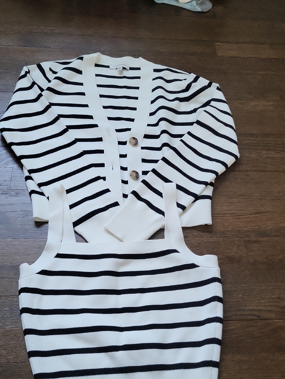 Black and White Striped Knit Tank and Cardigan Set